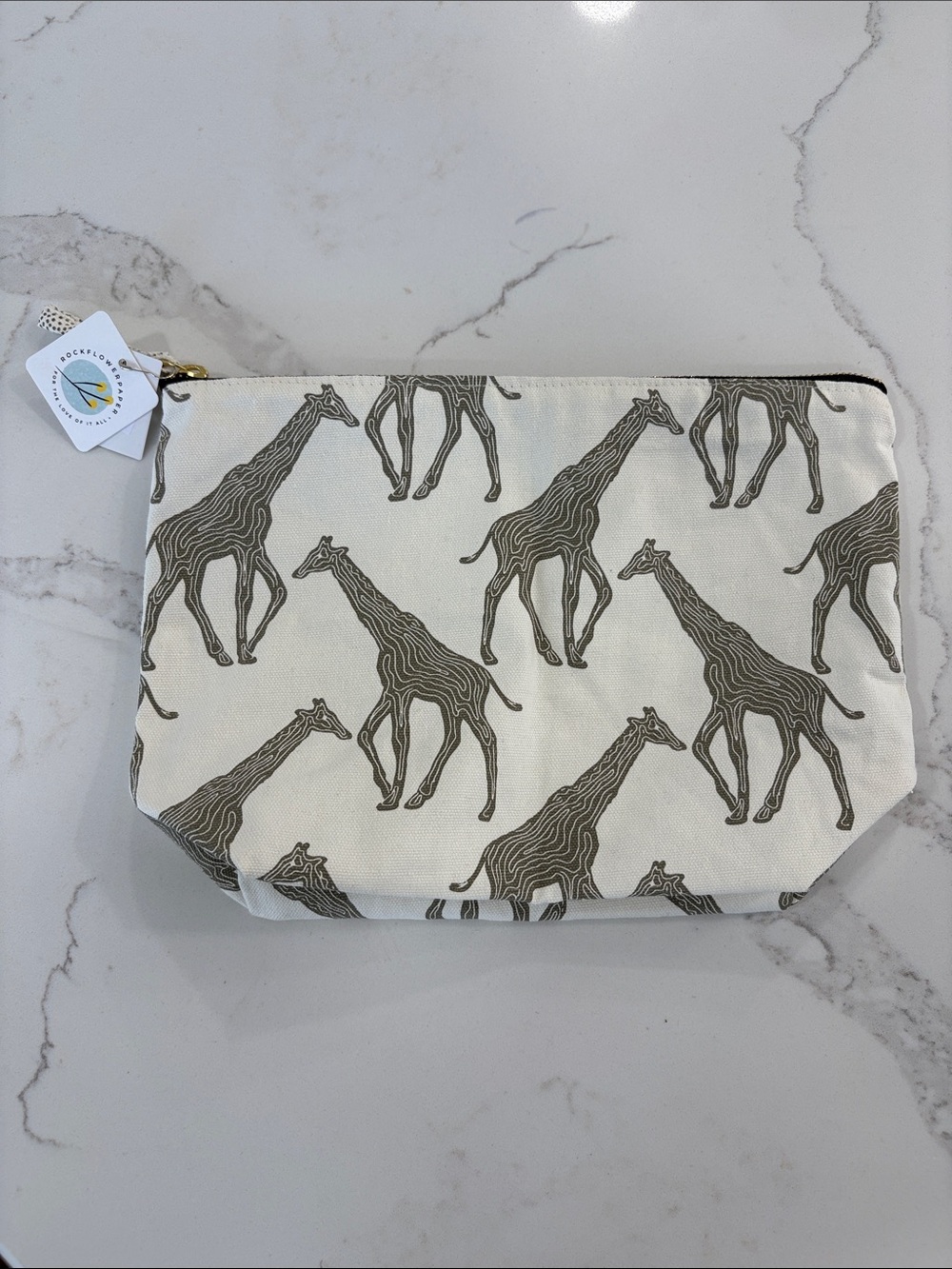 Rock Flower Paper Ivory White Grey Giraffe Print Canvas Large Pouch Cosmetic Bag